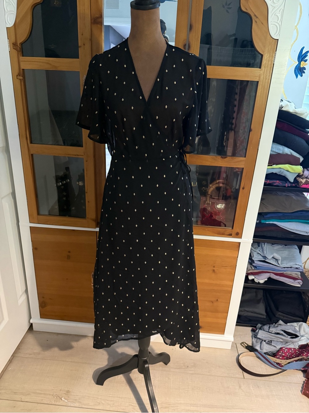 Forever 21 Black Wrap Midi Dress with White Dot Detail